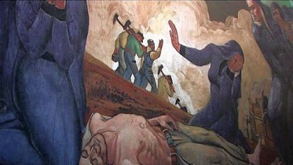 Detail of Maxo Vanka mural "Immigrant Mothers Raise their Sons for American Industry," with mothers mourning the death of a son who died in a mine accident in Johnstown.