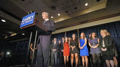 Sen. Bob Casey stands with members of his family to give his victory speech Tuesday night at the Hilton Scranton & Conference Center in downtown Scranton.