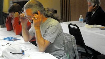 John Yesenosky of Garards Fort, Greene County, spends Election Day at an Obama campaign office in Waynesburg, calling voters and encouraging them to vote for the incumbent.