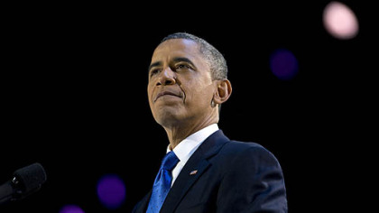 President Barack Obama pauses as he speaks at the election night party at McCormick Place in Chicago. Mr. Obama defeated Republican challenger Mitt Romney in the race for the White House.