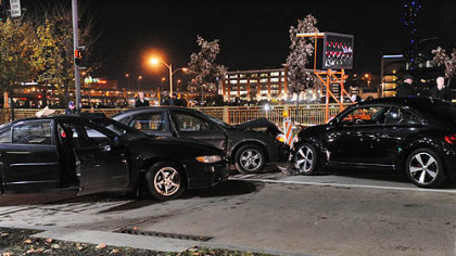 A three-car collison at the corner of Stanwix Street and Fort Duquesne Boulevard, where the two cars on the left are on the wrong side of the road.