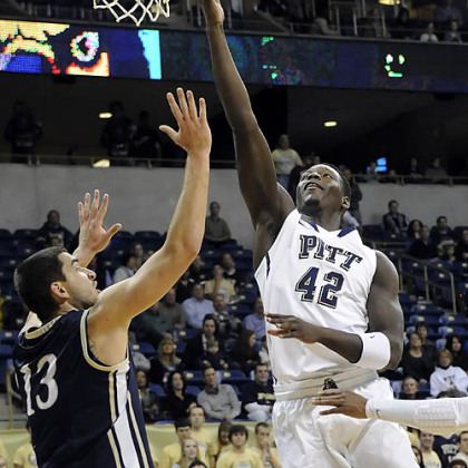 Pitt's Talib Zanna drives to the net against Mount St. Mary's Kristijan Krajina in the first half at the Petersen Events Center Friday night.
