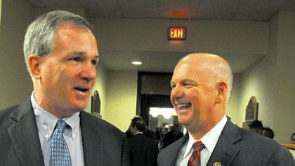 Patrick Fitzgerald, the former U.S. Attorney for the Northern District of Illinois,  has a light moment with local U.S. Attorney David J. Hickton before the start of the Awards for Outstanding Performance in Law Enforcement. Mr. Fitzgerald  gave  the keynote address.