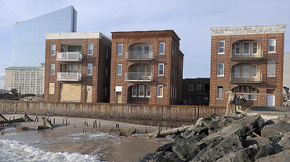 The jetty is all that remains of the northern section of boardwalk, north of Revel casnio, in Atlantic City. The main part of the boardwalk along the casino district is intact.