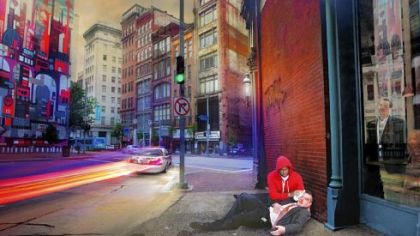 "The Good Samaritan" by Christopher Ruane of Murrysville won first prize in the Fourth Nationwide Juried Catholic Arts Exhibition. The edited digital photograph is set in Downtown Pittsburgh. For a review of the show, see Wednesday's Magazine.