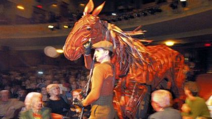 A "War Horse" puppet with Ariel Heller at the head, Ross Green at the heart and Ian Piears in the rear, during the March preview at the Byham Theater for this season's PNC Broadway Across America series.
