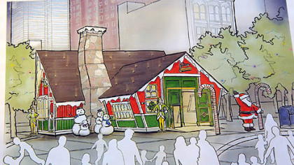 A sketch supplied by Desmone and Associates of Santa's House , which covers 600 square feet.