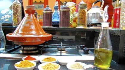 A cooking pot that gives its name to a traditional stew, a tagine, with its distinctive tall lid, simmers dishes until tender.