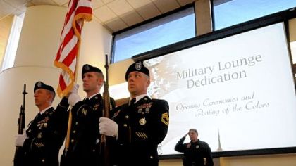 Presenting the colors during a dedication ceremony for the lounge for veterans and active military at Pittsburgh Technical Institute are, from left, Army Sgt. 1st Class Michael Duncan of Collier, Staff Sgt. Robert Taylor of Robinson and Sgt. 1st Class Anthony Shaffer of McCandless.