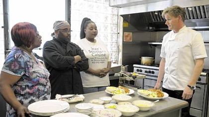 Chef Gordon Ramsay dishes it out to, from left, Jean Gould, Mike Warren and Sharneil Lett at Miss Jean's in the show that airs Nov. 16.