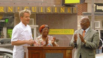 During his time at Miss Jean's, above, Chef Gordon Ramsay went outside to the podium, right, with a teary Jean Gould and Wilkinsburg Mayor John Thompson.