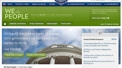 The home page for the White House's We the People.