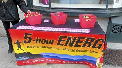 At lunch hour Thursday, free samples of 5-Hour Energy were being handed out to passers-by from this stand on Liberty Avenue, Downtown.