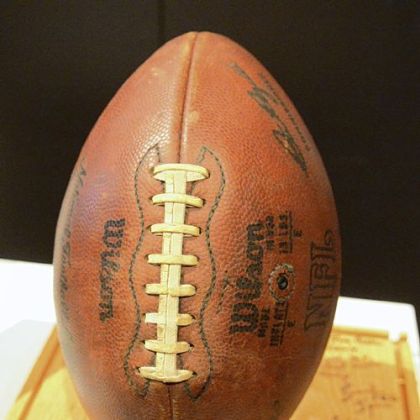 The original Immaculate Reception game ball is displayed at the Heinz History Center.