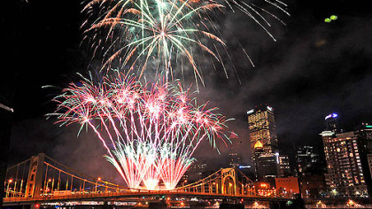 Here's a view from the Roberto Clemente Bridge of Light Up Night's fireworks display rising from the Warhol Bridge last night with Downtown's illuminated skyline as a backdrop.