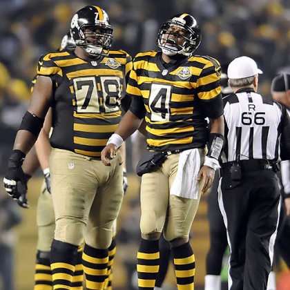 Steelers quarterback Byron Leftwich stands after a hard hit in the fourth quarter against the Ravens at Heinz Field.