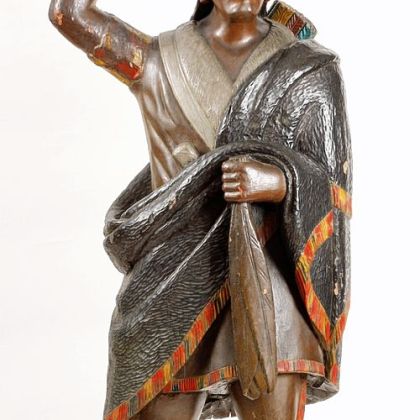 Cigar Store Indian, c. 1860. Painted wood, Gift of Mr. and Mrs. Paul Euwer, Greensburg in memory of Thomas Lynch, is in need of restoration.