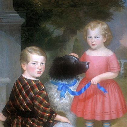 Artist Unknown, "Portrait of Two Children," c. 1860, Oil on canvas, Gift of Mary Marchand Woods Memorial Fund is in need of restoration.