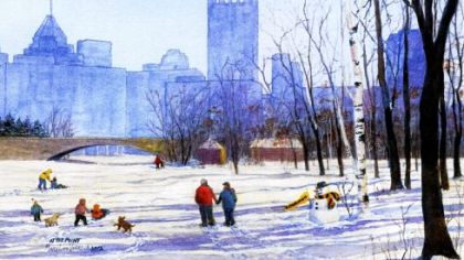 For the Leukemia and Lymphoma Society, Mary Lois Verrilla painted a snow scene at Point State Park.