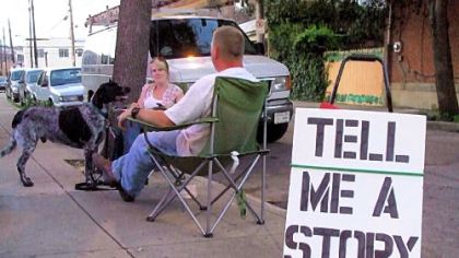 Tami Dixon interviews longtime South Side resident Bob Dusch in front of Cupka's Cafe.