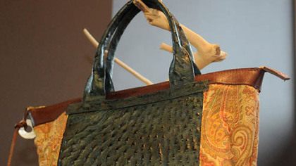 Green Ostrich with fabric and leather bag from Studio Booth.