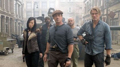 Yu Nan, left, Terry Crews, Sylvester Stallone, Randy Couture, Dolph Lundgren ramp it up for "The Expendables 2."