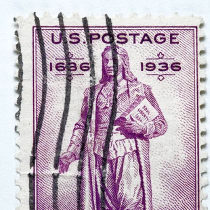 Roger Williams appears on the Rhode Island tercentenary postage stamp.