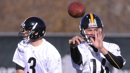 Charlie Batch, right, and newly signed quarterback Brian Hoyer, left, will be the two quarterbacks the Steelers go to Cleveland with Sunday.