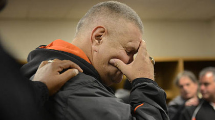 Head coach Tom Nola is overcome with emotion in the locker room after the Bears 58-21 win over Sto-Rox Friday at Heinz Field.  "You guys are great.  You have done amazing things," he told the team.