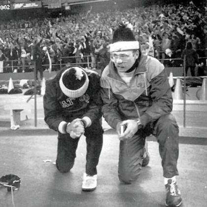 Some prayers are answered: Gateway coach Pete Antimarino, left, and his son, Pete Jr., pray for the Gators to stop North Hills' two-point conversion attempt in the 1986 title game. Gateway's Todd Washington intercepted the conversion pass as the Gators upset the nation's top-ranked team, 7-6.