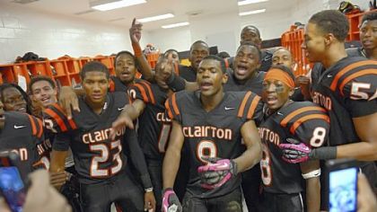 From left, Tyler Boyd (No. 23), Robert Boatright (No. 9) and Vinny Moody (No. 8) celebrate their 56th consecutive win -- a 52-0 thrashing of Imani Christian -- with their teammates in Clairton.