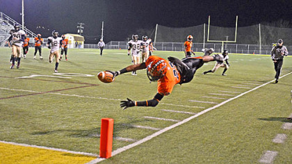 Star player Tyler Boyd leaps for the end zone during the Bears 39-0 win over Brentwood in the WPIAL Class A quarterfinals. Boyd is a nationally ranked running back and has received scholarship offers from a list of schools that includes Purdue, Boston College, Notre Dame, Penn State and the University of Illinois.