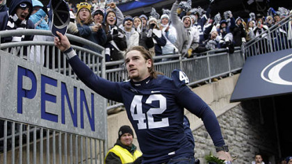 Injured Penn State linebacker Michael Mauti is introduced during a senior recognition ceremony before the game.