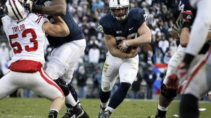 Penn State offensive tackle Donovan Smith (76) blocks Wisconsin linebacker Mike Taylor (53) for Penn State running back Zach Zwinak (28) during the first quarter.