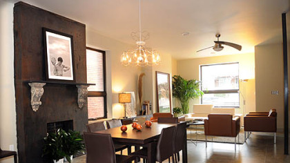 The dining and living room area of 808 N. Beatty Street in Highland Park, a passive house renovation by Michael Sciaretti and City Dwellings Restoration.
