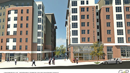 Sketch of University Place residental entry plaza on University Ave.