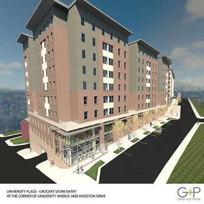 Sketch of University Place grocery store entry at the corner of University Ave. and Houston Drive.