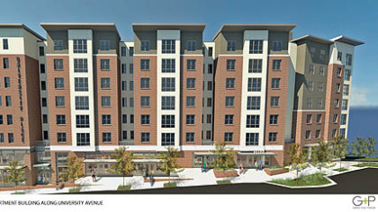 Sketch of planned University Place, apartment building along University Ave.