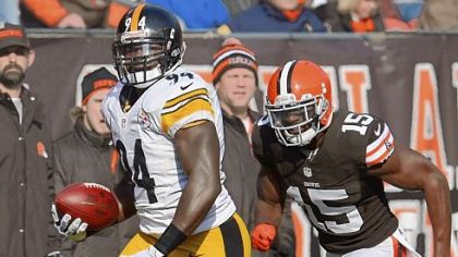 Lawrence Timmons returns an interception for a touchdown Sunday against the Browns.