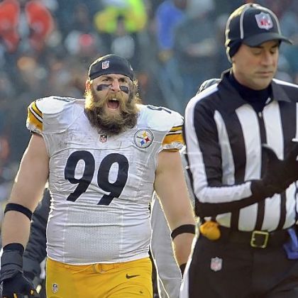 Brett Keisel yells at a referee after a call against the Steelers as they take on the Browns Sunday in Cleveland.