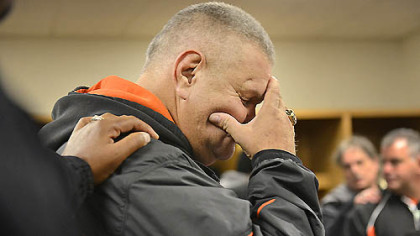 Head coach Tom Nola is overcome with emotion in the locker room after the Bears 58-21 win over Sto-Rox Friday at Heinz Field.  "You guys are great.  You have done amazing things," he told the team.