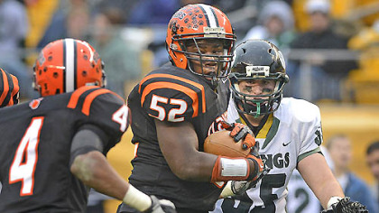 Dyron Davenport (#52) intercepts the ball from the Vikings Friday at Heinz Field. The Bears set a Pennsylvania record with its 60th consecutive victory, a 58-21 win against Sto-Rox in the WPIAL Class A title game.