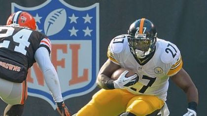 Steelers Jonathan Dwyer makes move up field on the Browns Sheldon Brown.