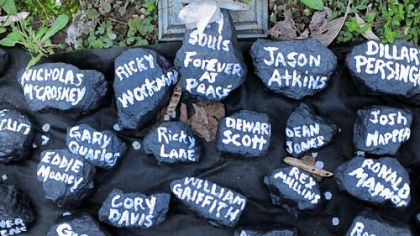 Shortly after the mine disaster, this temporary memorial to the victims went up along Route 3 in Whitesville, W.Va., with their names on lumps of coal.
