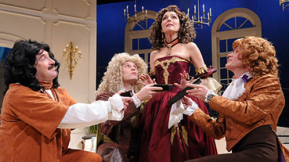 From left, Martin Giles, Ben Blazer, Nike Doukas and James FitzGerald in "The School for Lies," a Pittsburgh Irish & Classical Theatre production featuring Alexander McQueen-inspired costumes.