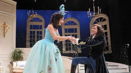 Robin Abramson as Eliante and Joel Ripka as Philinte in PICT's colorful production of "The School for Lies."