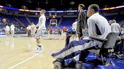 Penn State's Tim Frazier watches as his teammates warm up before their game against Boston College, Wednesday, Nov. 28.