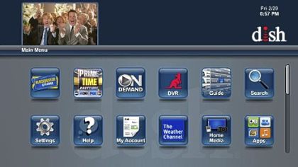The Dish Hopper main menu screen, which allows the user to program the DVR from any room. Whatever is recorded  is available on all the TVs in the house.
