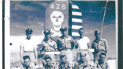 Andrew Rausch (front row, second from left) with his B-24 crew mates, including Carrick's Walter Sankey (front, second from right). The crew perished in a crash in the Philippines on Jan. 10, 1945.