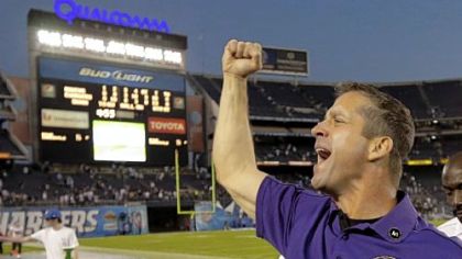 Baltimore coach John Harbaugh celebrates last week in San Diego.